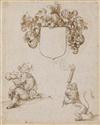 JOST AMMAN (ATTRIBUTED TO) (Zurich 1539-1591 Nuremberg) A Double-Sided Sheet of Studies with a Man Eating, a Rampant Lion, Coat-of-Arms